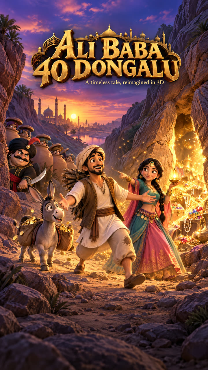 Ali Baba 40 Dongalu in 3D: Ali Baba, Marjiana and the donkey at the treasure cave