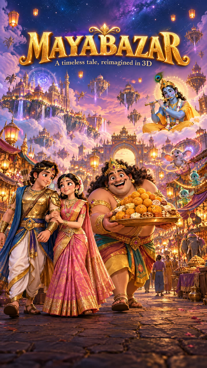 Mayabazar in 3D: Ghatotkacha with a platter of laddus, Abhimanyu and Sasirekha, and Krishna above the magic bazaar
